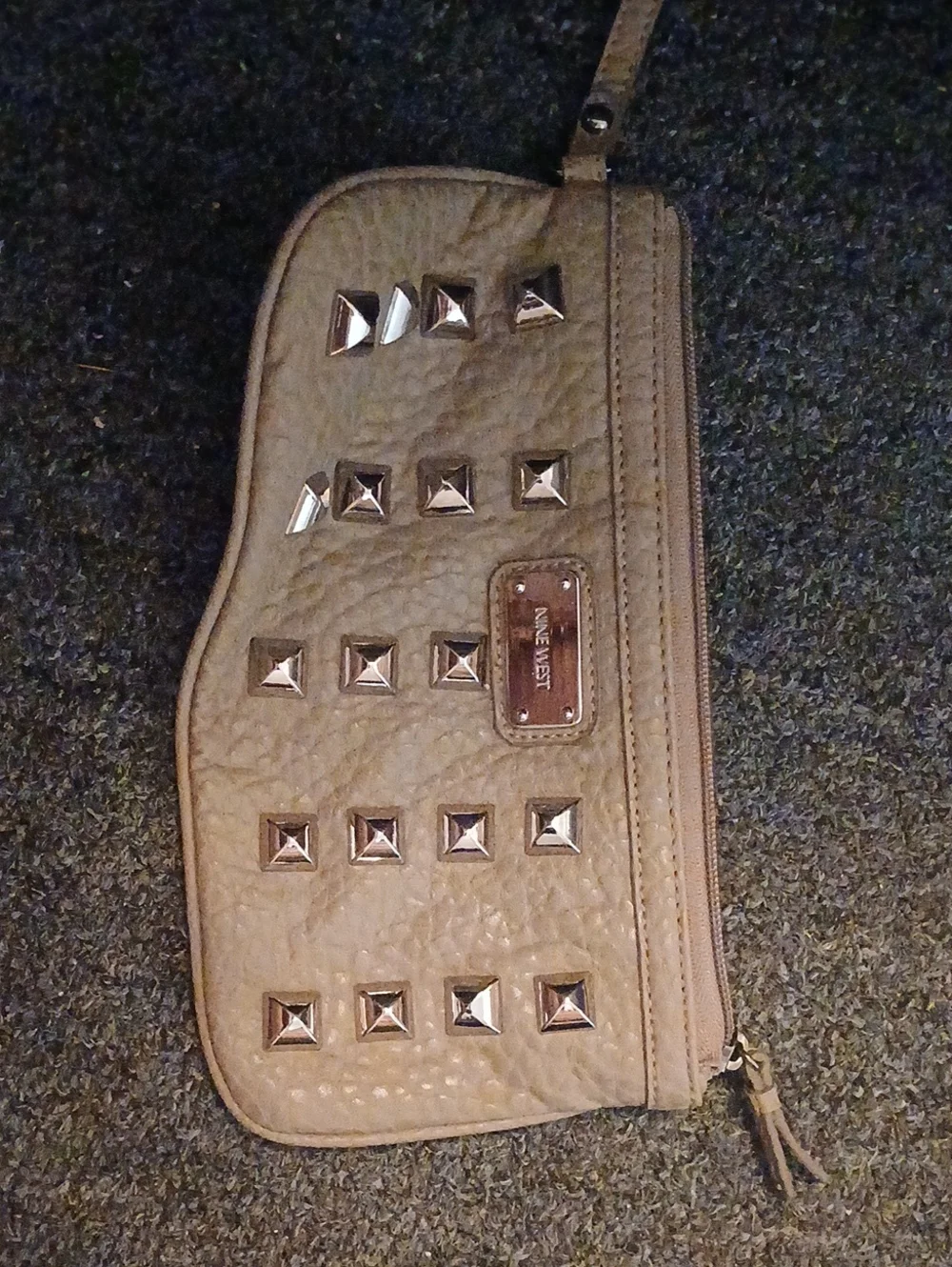 Nine West Taupe Pyramid-Stud Wristlet Clutch